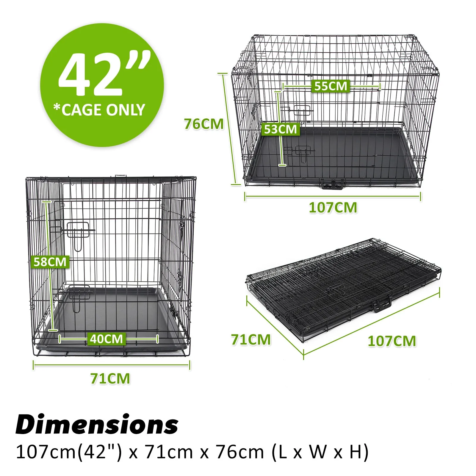 42in Durable Steel Wire Dog Crate with Tray, Cushion & Cover