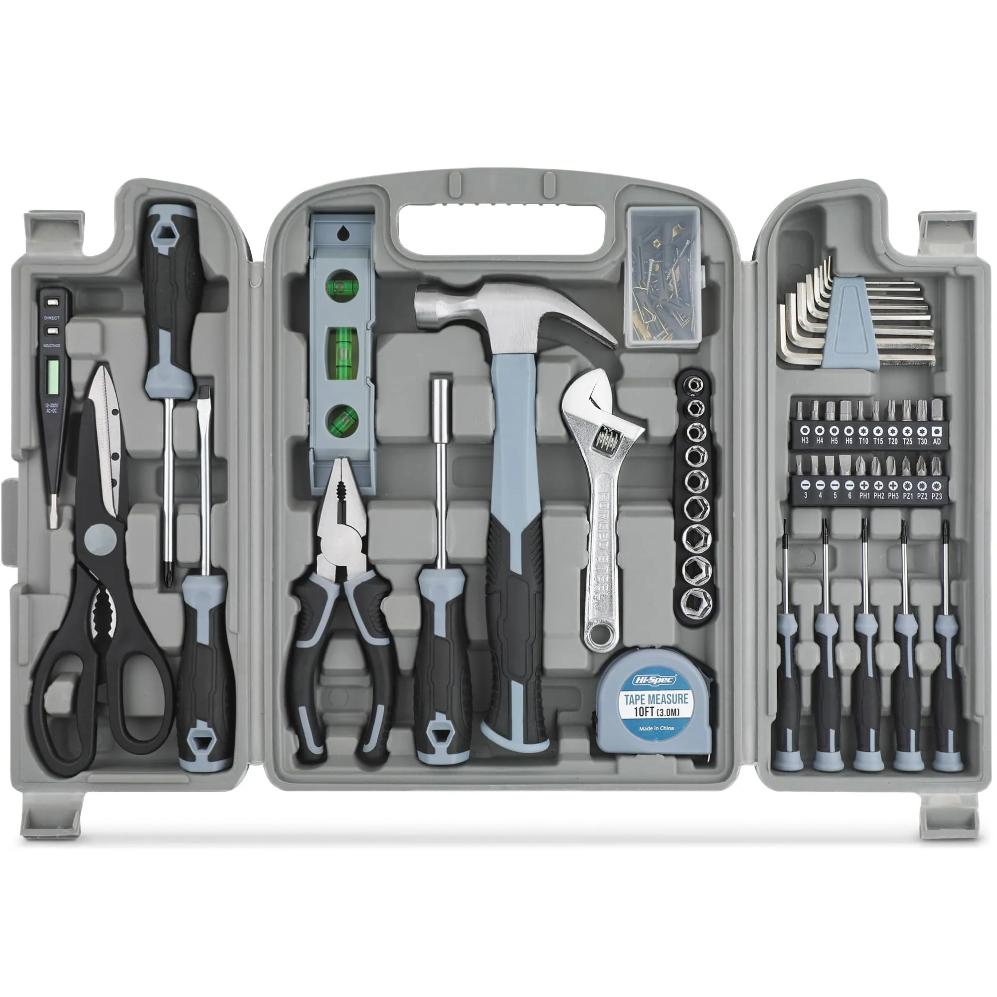 54pc Gray Home and Garage DIY Tool Kit Set. Complete Hand Tools in a Portable Carry Case