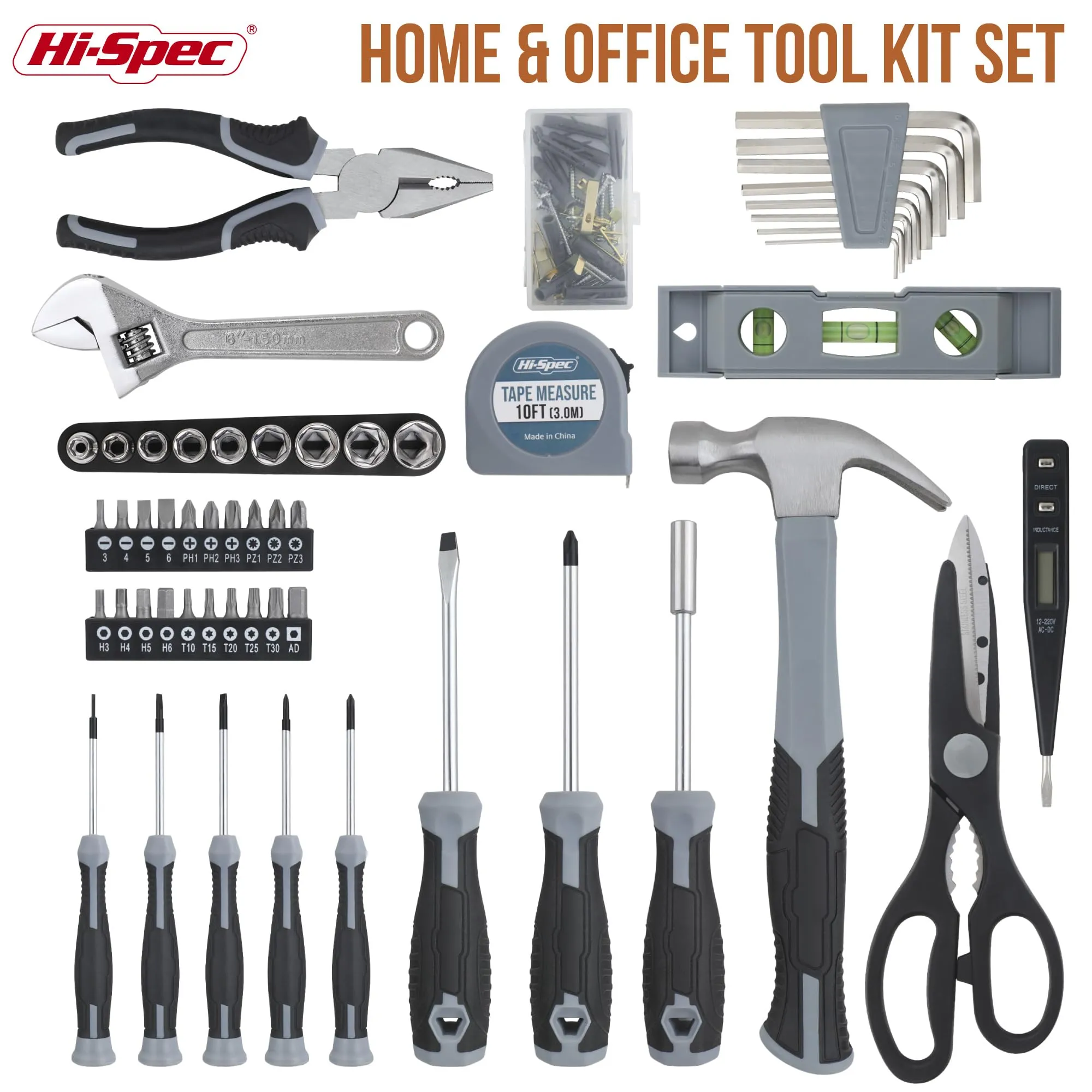 54pc Gray Home and Garage DIY Tool Kit Set. Complete Hand Tools in a Portable Carry Case