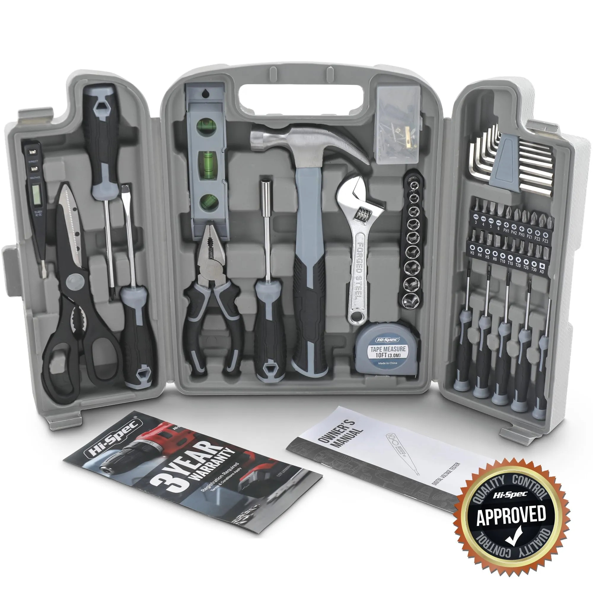 54pc Gray Home and Garage DIY Tool Kit Set. Complete Hand Tools in a Portable Carry Case