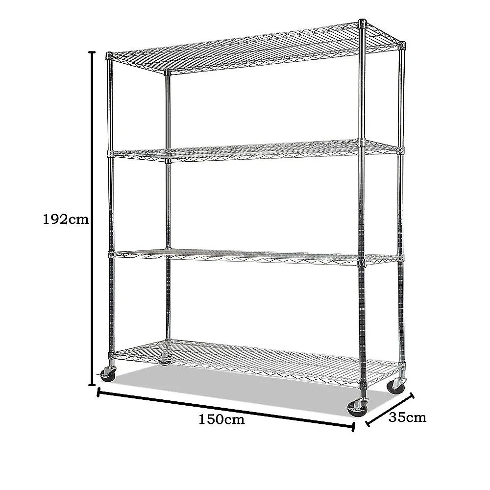 Adjustable Steel Wire Storage Shelf with Wheels, 4-Tier