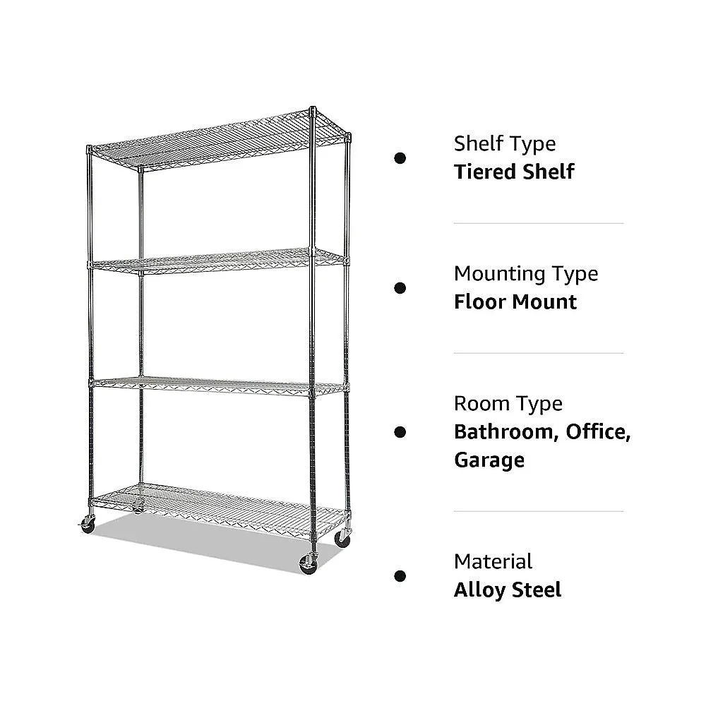 Adjustable Steel Wire Storage Shelf with Wheels, 4-Tier