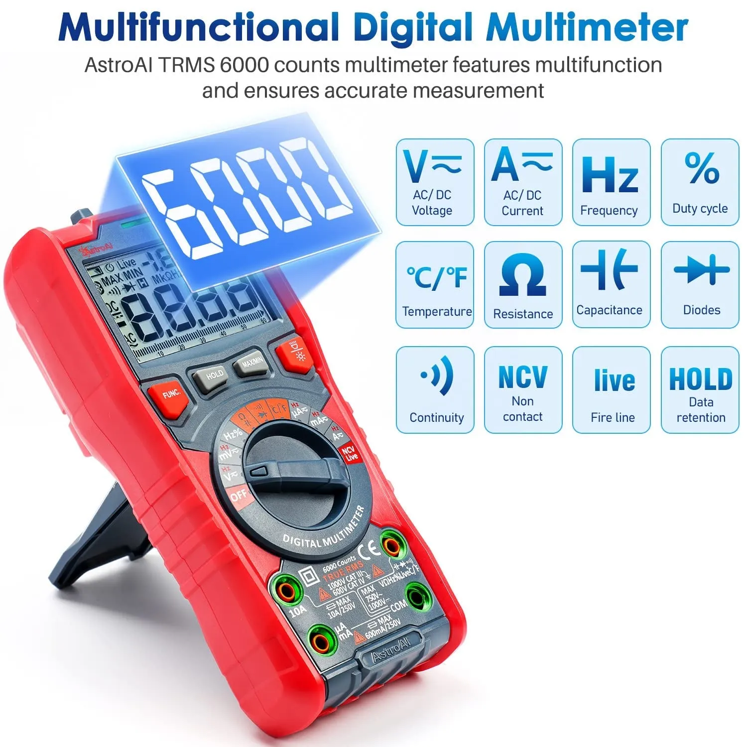 Astroai Digital Multimeter, TRMS 6000 Counts Auto-Ranging Voltage Tester Voltmeter Measuring AC/DC Voltage Current, Capacitance Resistance Frequency Temperature Continuity Diodes with NCV