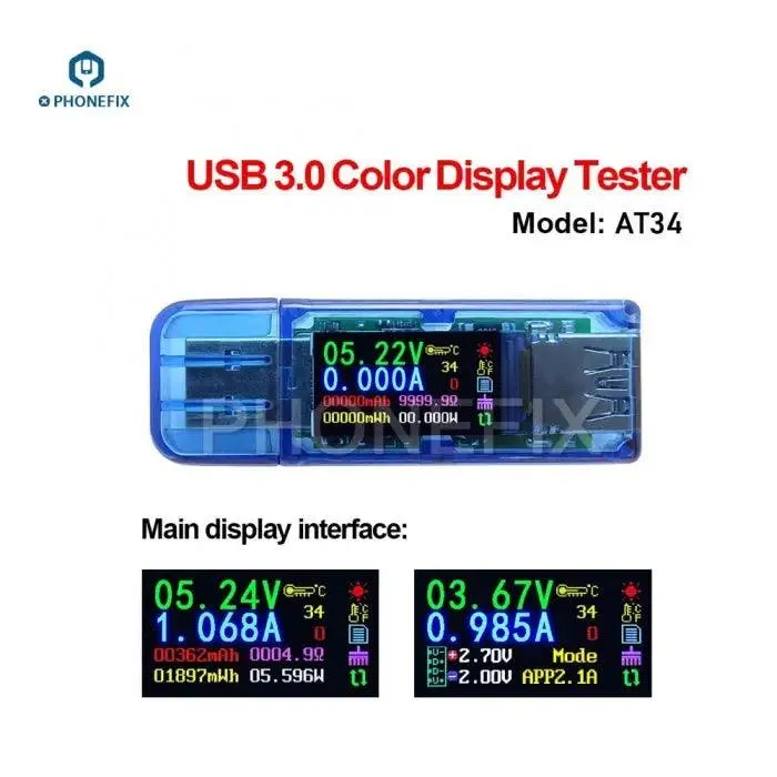 AT34 USB Charger Voltmeter Ammeter Tester Power Bank Detector