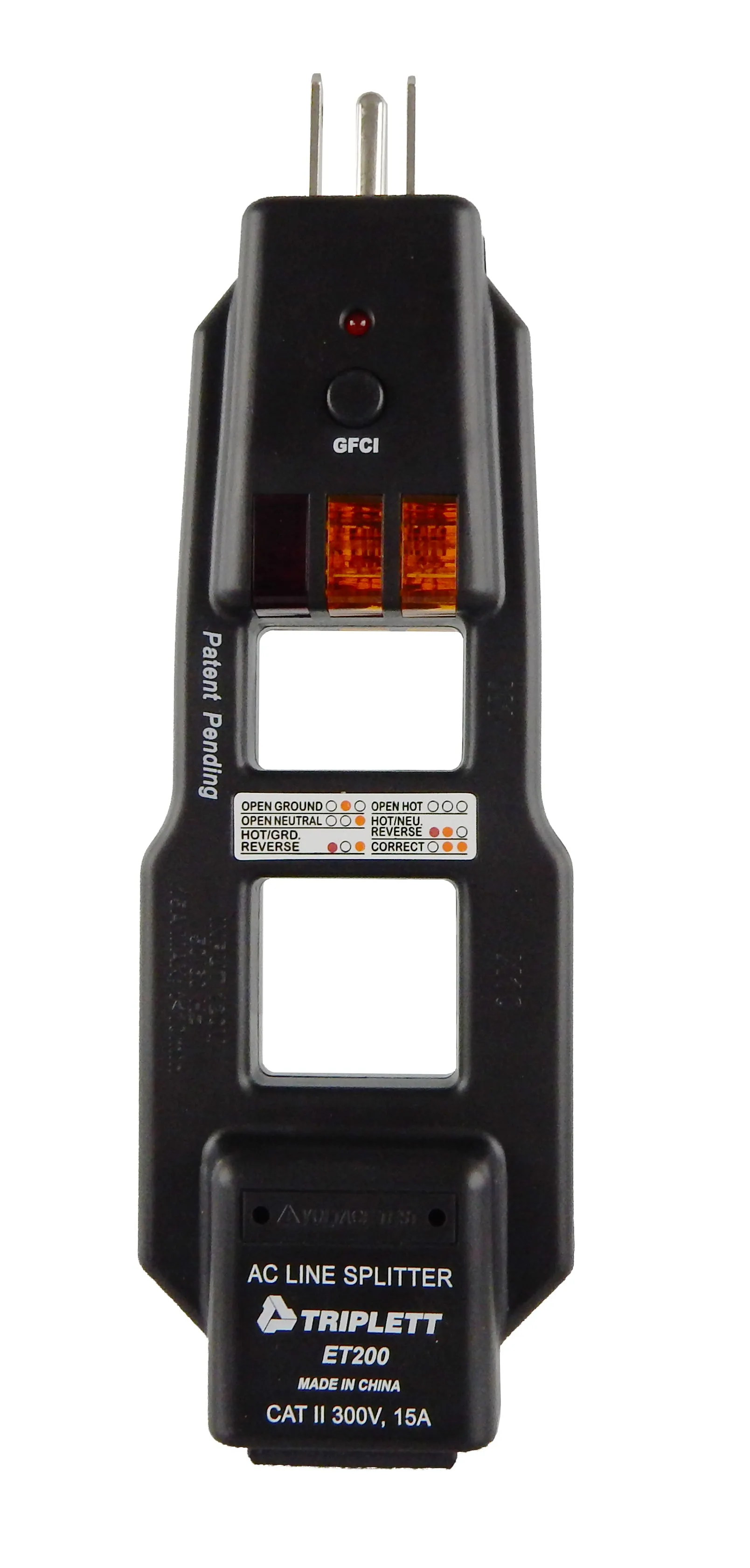 Commercial and Residential Combination AC Line Splitter and GFCI Receptacle Tester:  Tests 3-Wire Receptacles - (ET200)