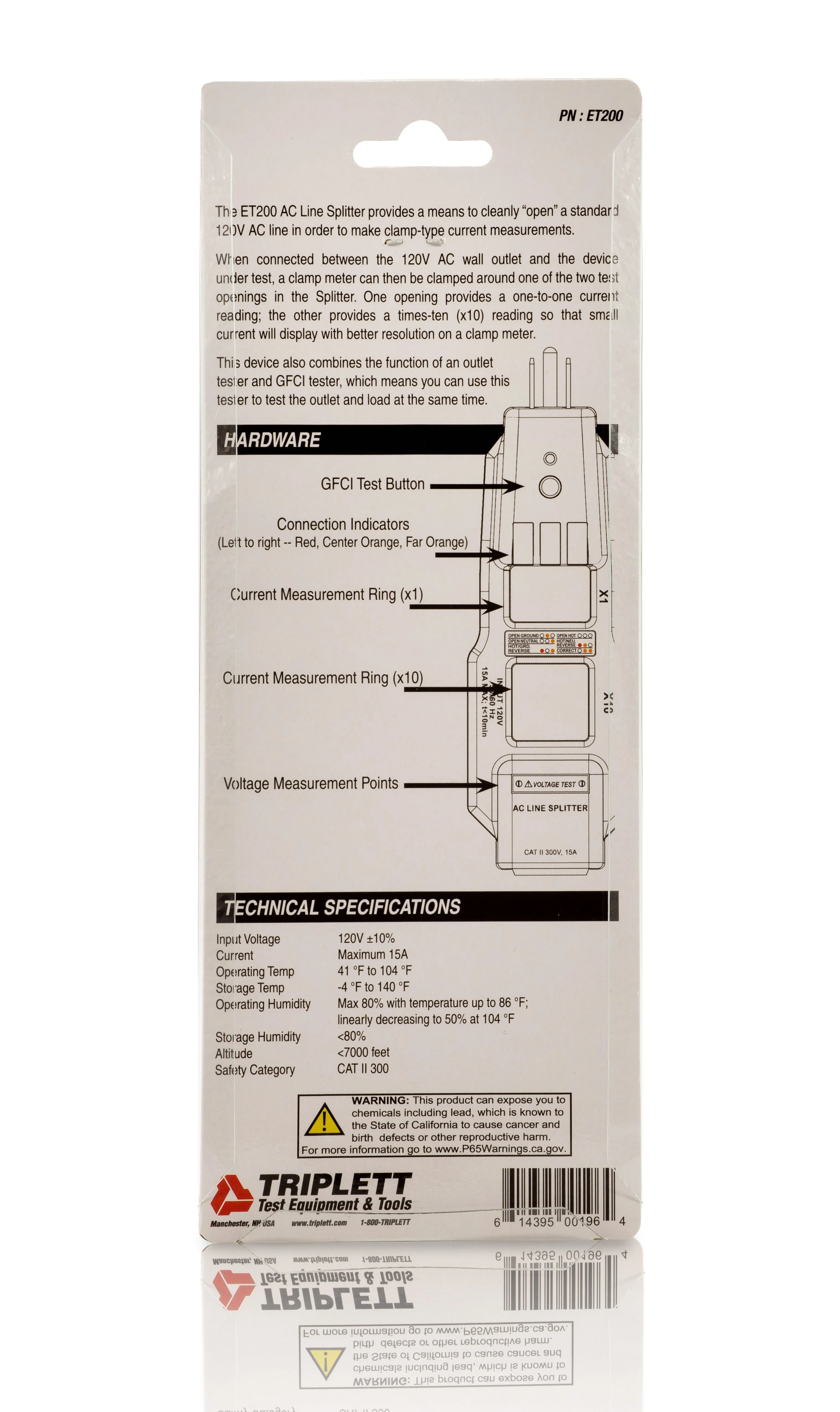 Commercial and Residential Combination AC Line Splitter and GFCI Receptacle Tester:  Tests 3-Wire Receptacles - (ET200)