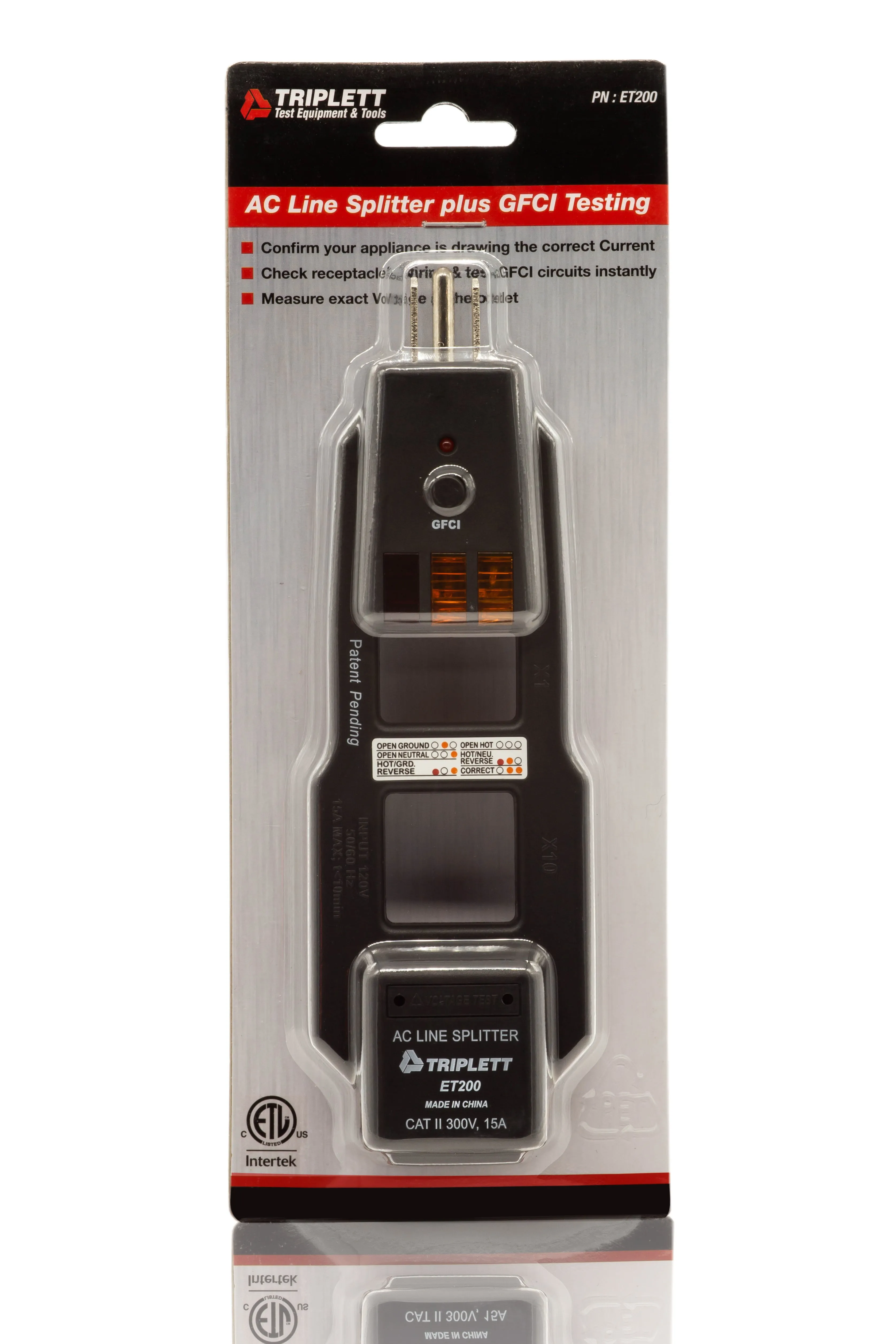 Commercial and Residential Combination AC Line Splitter and GFCI Receptacle Tester:  Tests 3-Wire Receptacles - (ET200)