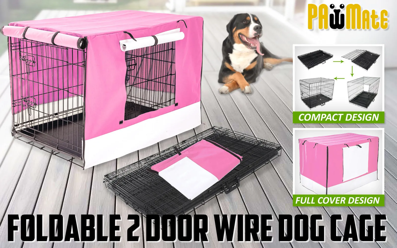 Durable 48in Folding Wire Dog Crate w/Tray & Pink Cover - Paw Mate