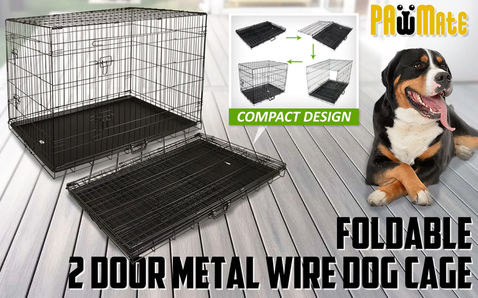 Foldable 42" Wire Dog Crate with Tray, Double Doors