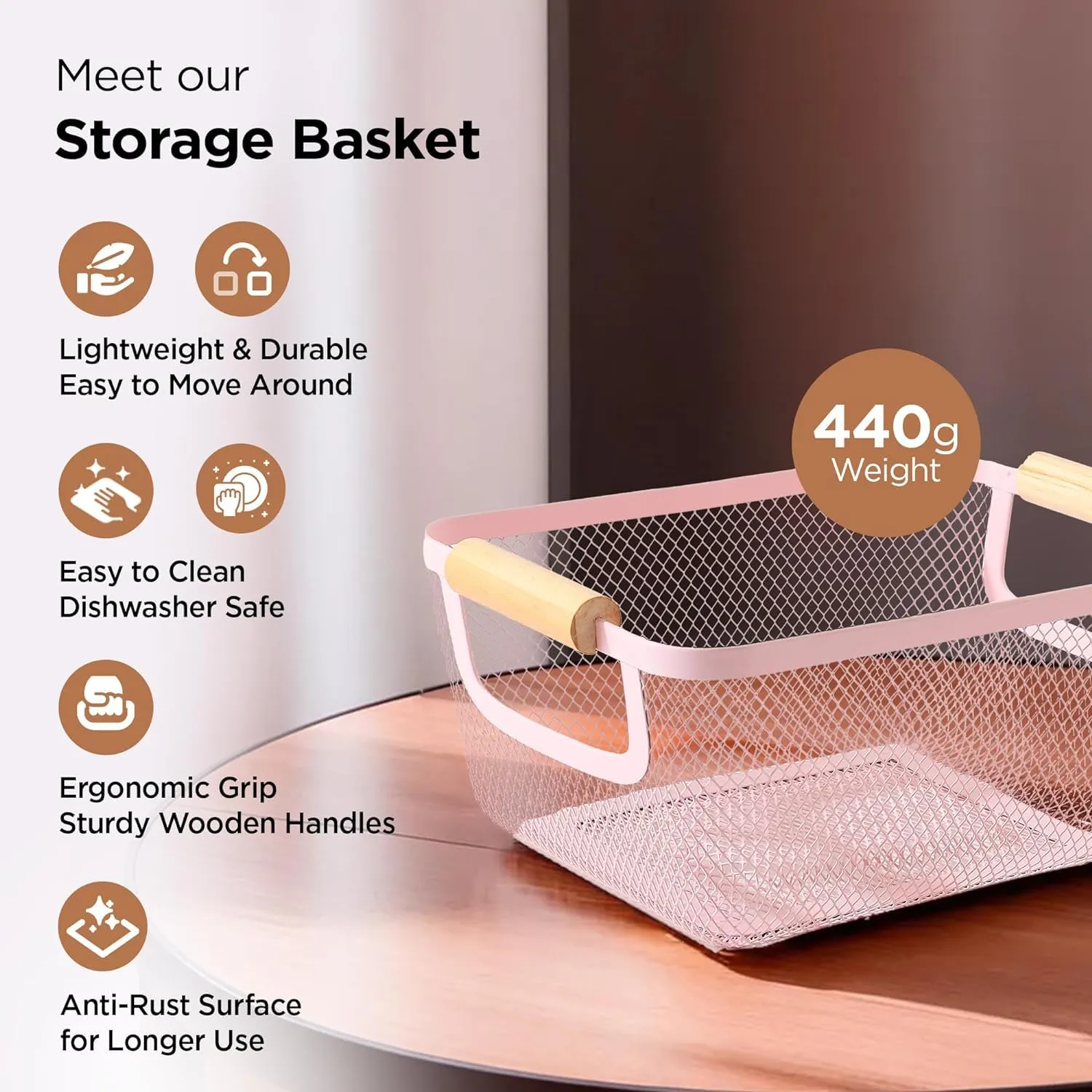 Kuber Industries Metal Mesh Baslet for storage with wooden handle | 440g | Fruit basket for kitchen | Kitchen Organizer | Baskets for organizing home and kitchen | Multipurpose | Pink