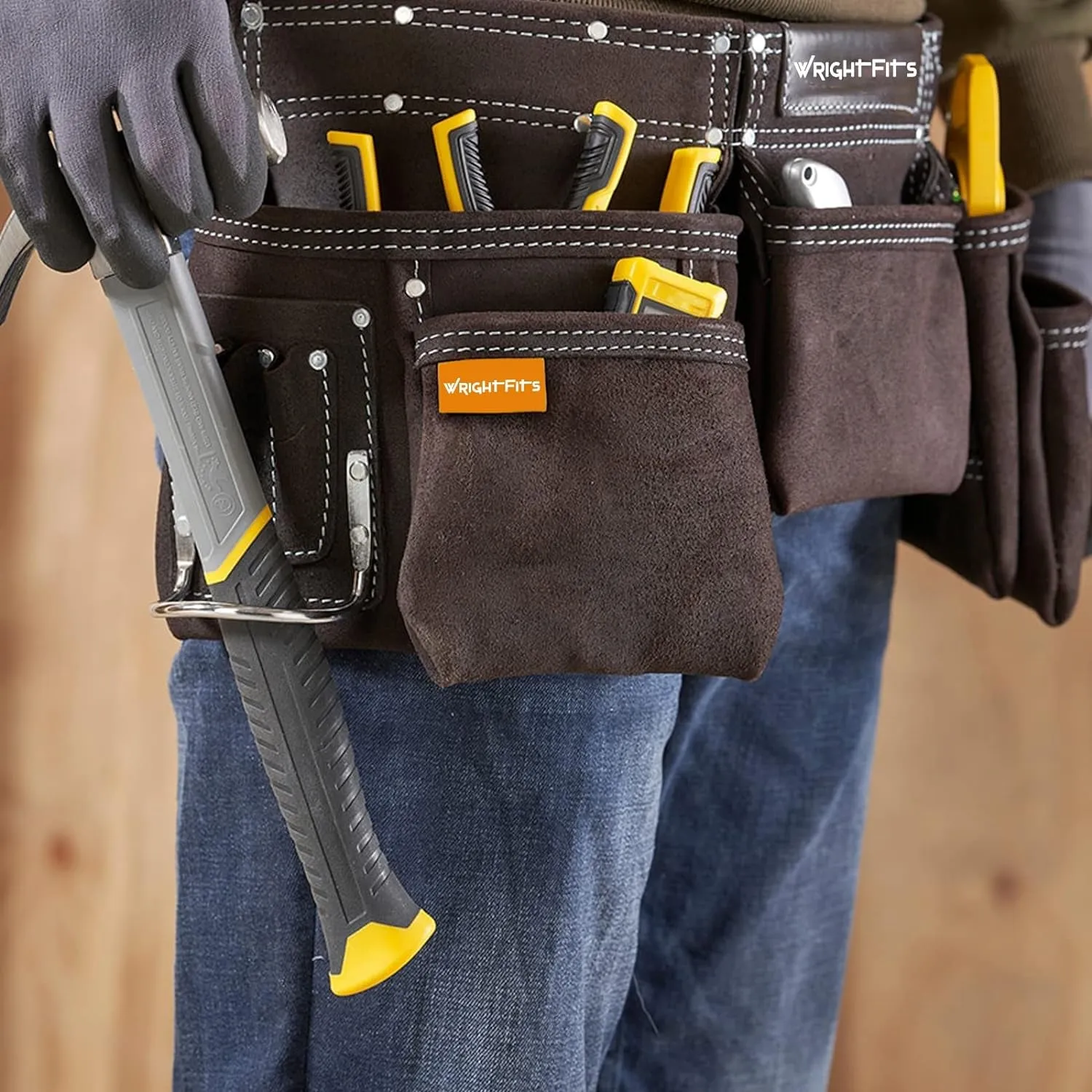 Leather Apron Tool Belt, Heavy Duty Tool Pouch with Multi Pockets, Professional Work Pouch for Electricians, Carpenters, Adjustable Waist Storage Organiser, Hammer Loop