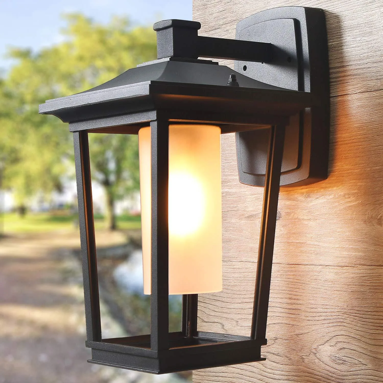 Log Barn Large Outdoor Light Farmhouse Wall Sconce with Frosted Glass Cylinder for Entryways Hallway, Garden, 9.8" L 8 " W 14.8" H-A03319, Black