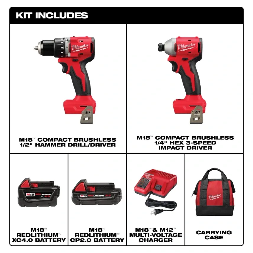 Milwaukee 3693-22CX M18 Compact Brushless 2-Tool Combo Kit   Free Item