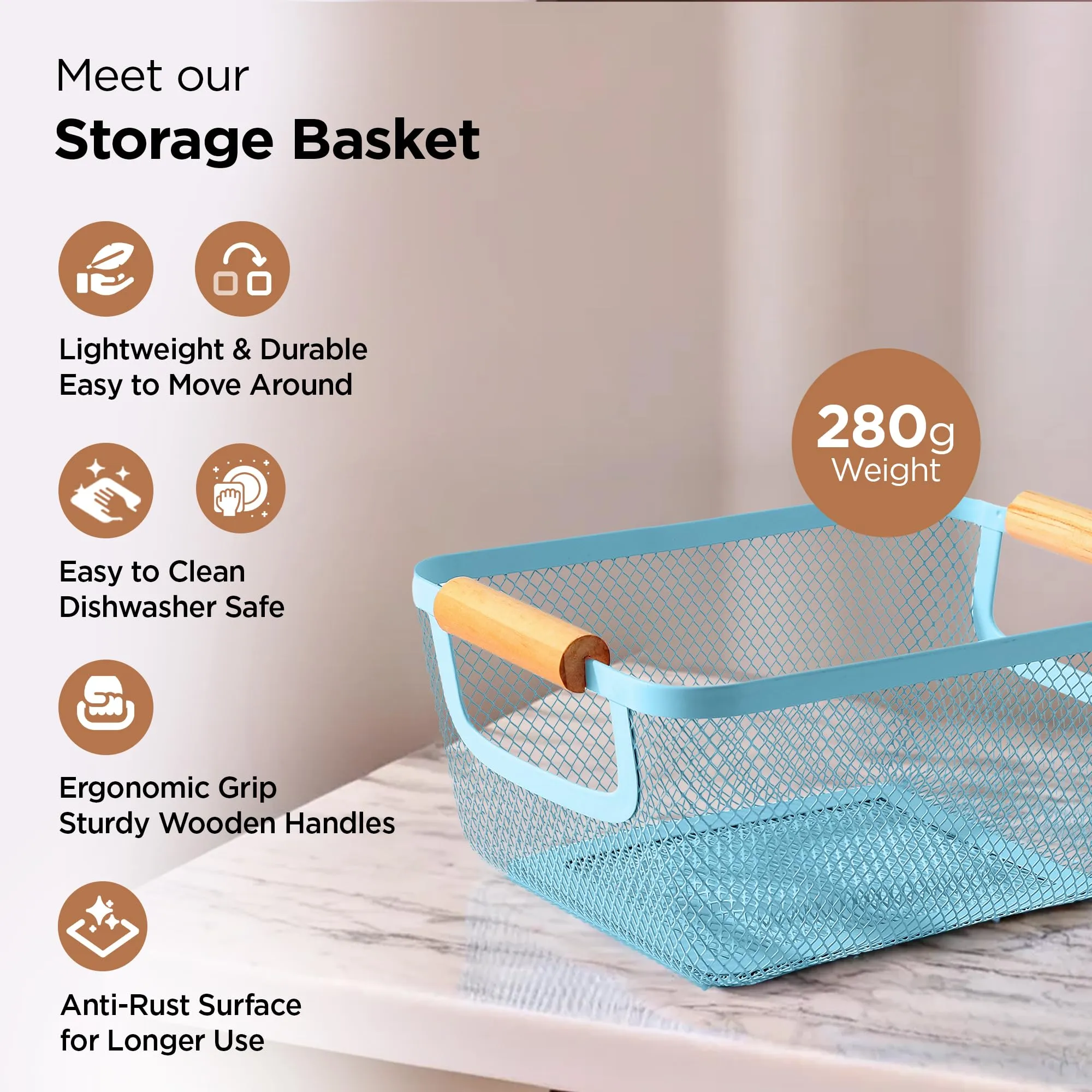 UMAI Metal Mesh Basket for storage with wooden handle | 280gm | Fruit basket & Vegetable basket for kitchen | Kitchen Organizer | Baskets for organizing home & Kitchen | Multipurpose | Blue