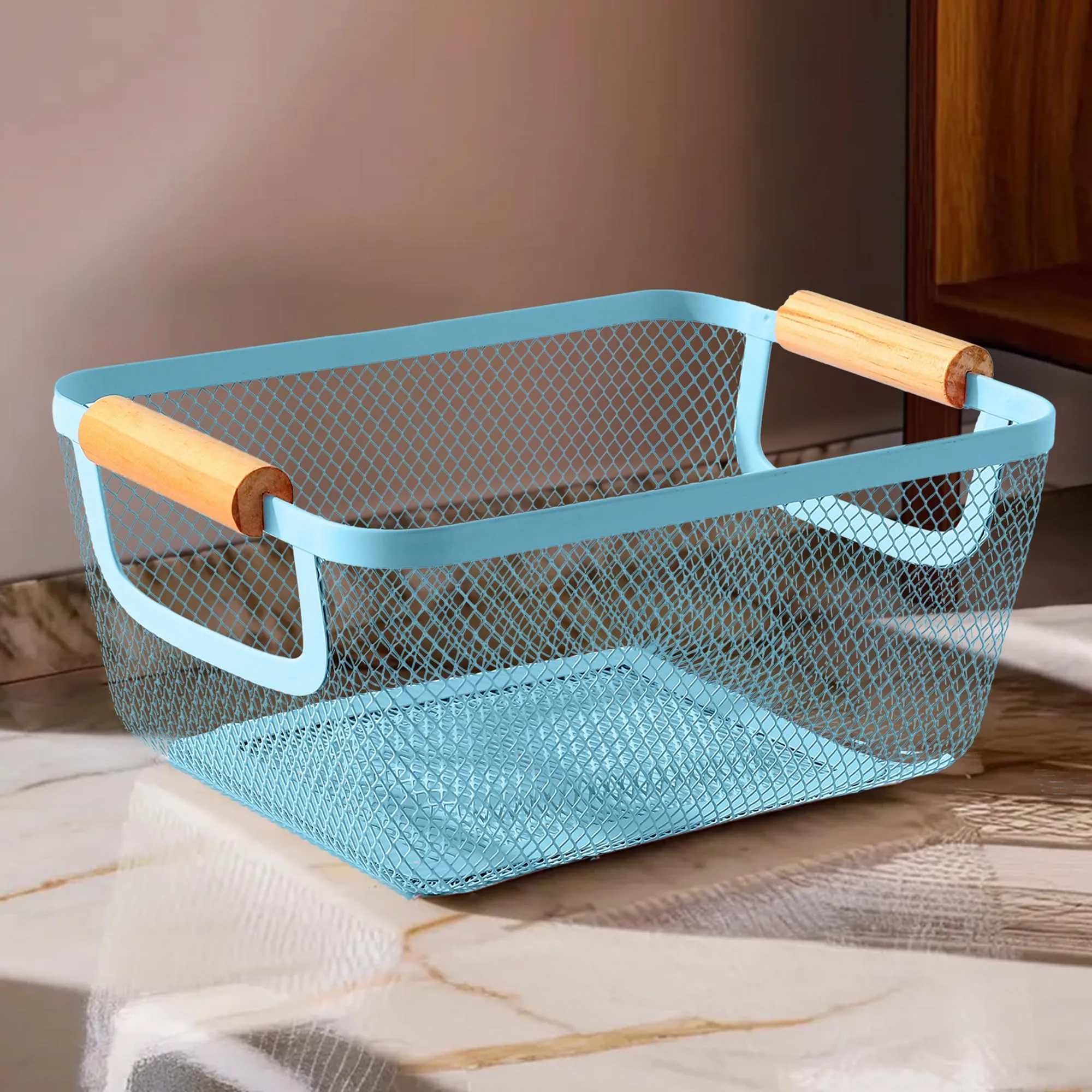 UMAI Metal Mesh Basket for storage with wooden handle | 280gm | Fruit basket & Vegetable basket for kitchen | Kitchen Organizer | Baskets for organizing home & Kitchen | Multipurpose | Blue