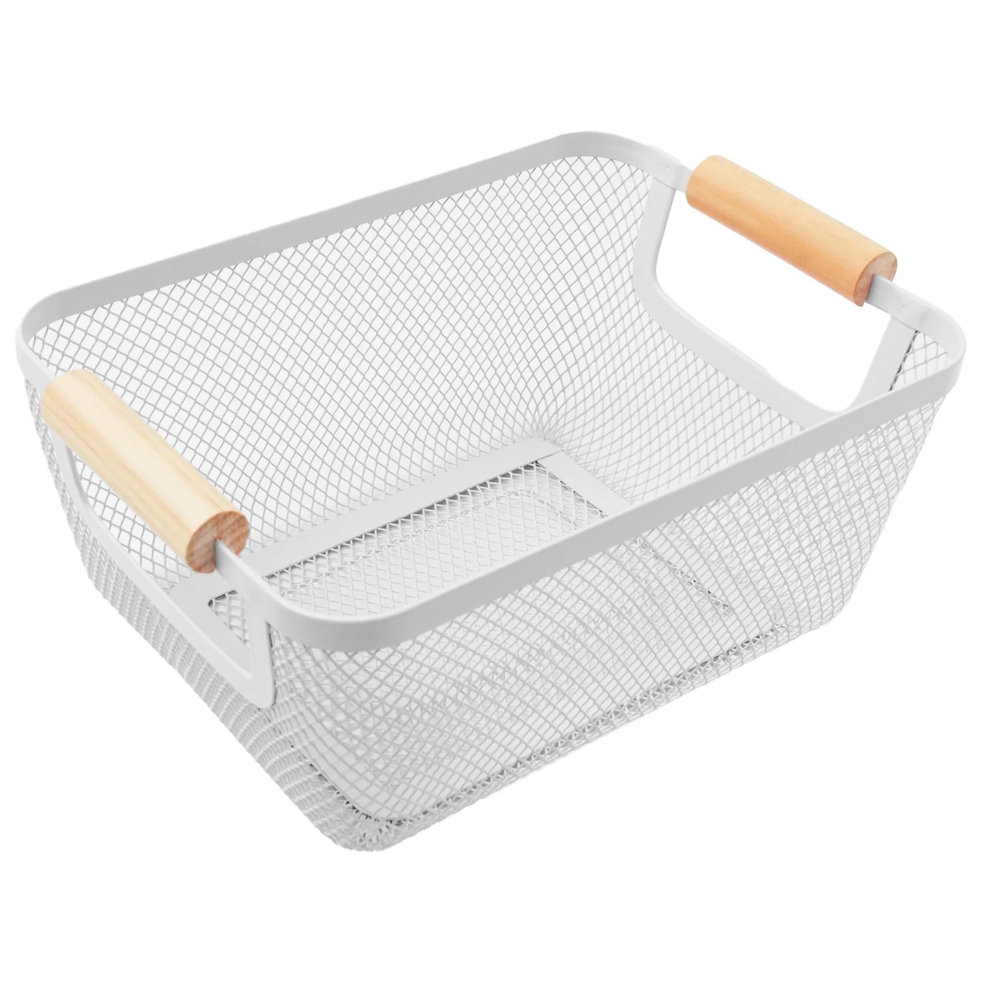 UMAI Metal Mesh Basket for Storage with Wooden handle (Small - White - 280 Gms) | Picnic Basket | Fruit basket & Vegetable basket for kitchen | Home Decor Items| Pink | Organisers Storage Box ||