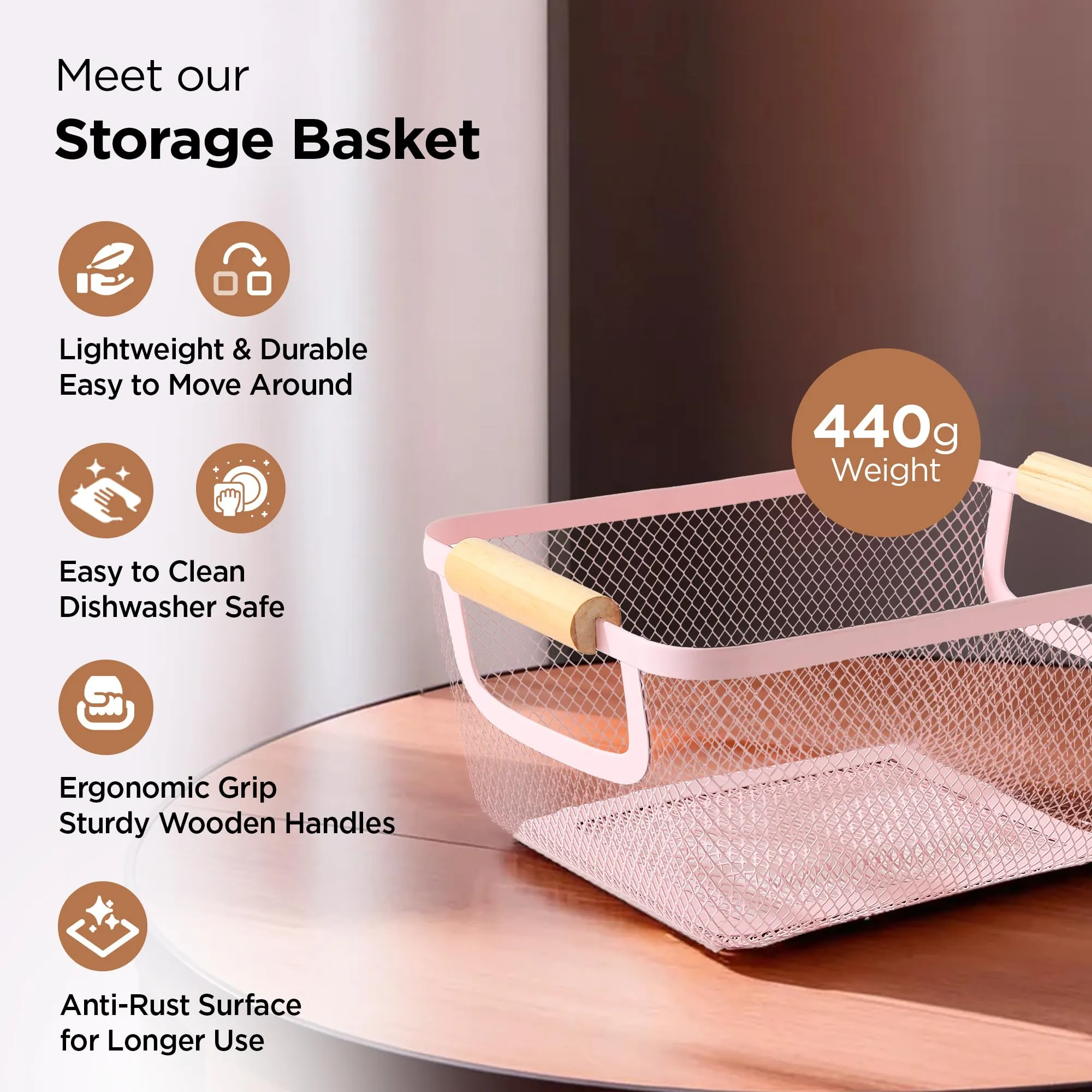 UMAI Metal Mesh Baslet for storage with wooden handle | 440g | Fruit basket & Vegetable basket for kitchen | Kitchen Organizer | Baskets for organizing home and kitchen | Multipurpose | Pink