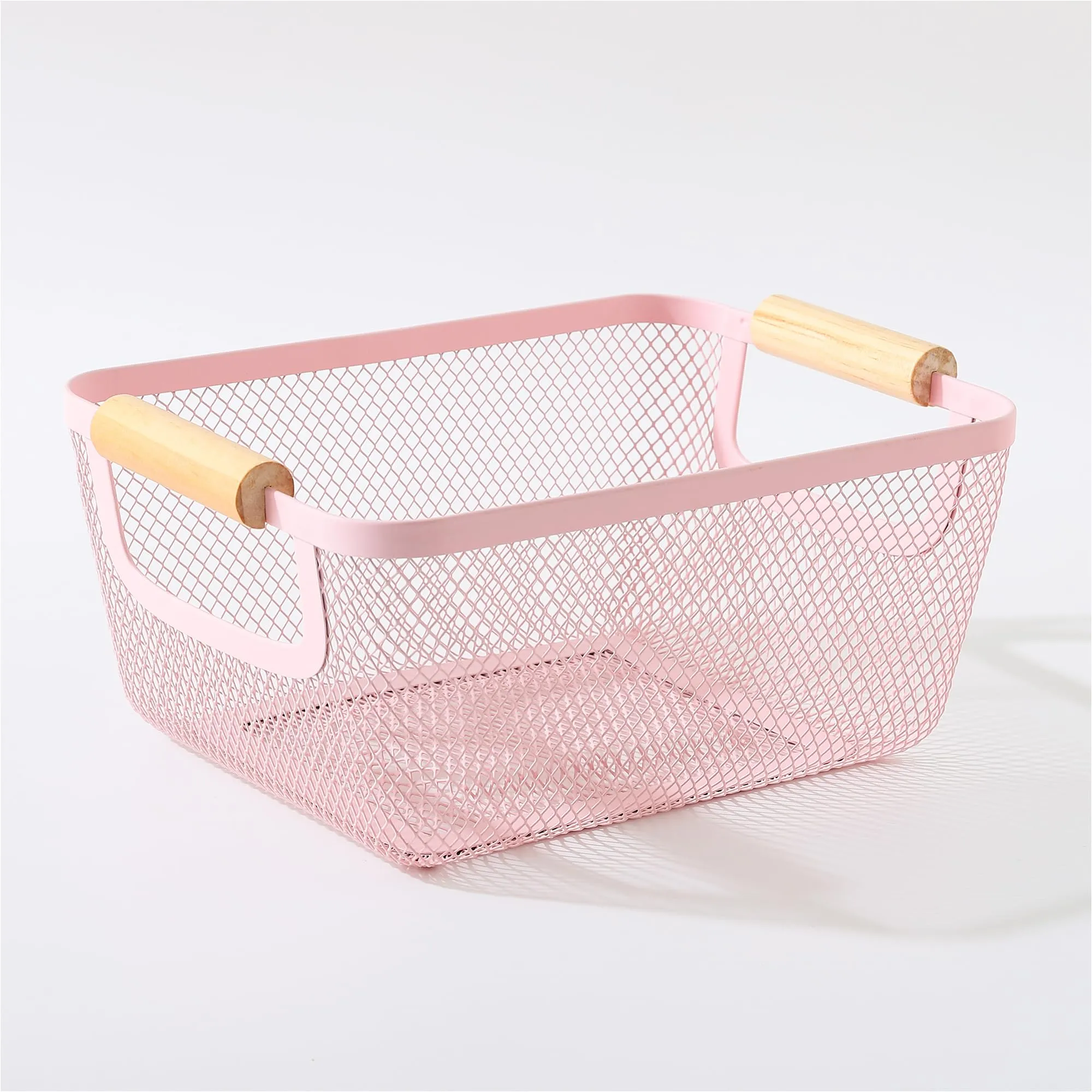 UMAI Metal Mesh Baslet for storage with wooden handle | 440g | Fruit basket & Vegetable basket for kitchen | Kitchen Organizer | Baskets for organizing home and kitchen | Multipurpose | Pink