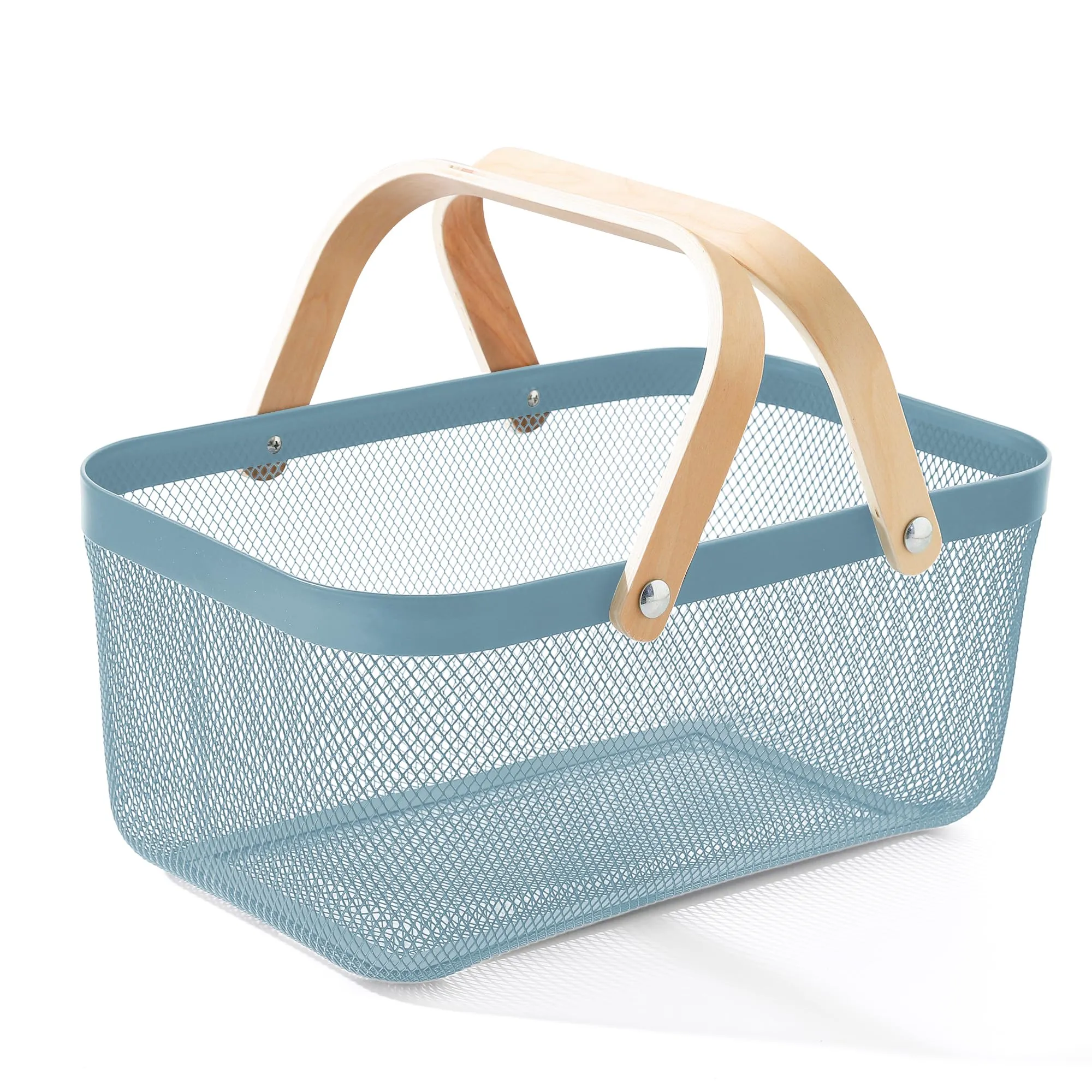 UMAI Rectangular Metal Mesh Basket for Storage with wooden handle | 720 Gm | Fruit Basket and Vegetable Basket for Kitchen | Kitchen Organizer | Baskets for Organizing Home| Multipurpose | Blue |