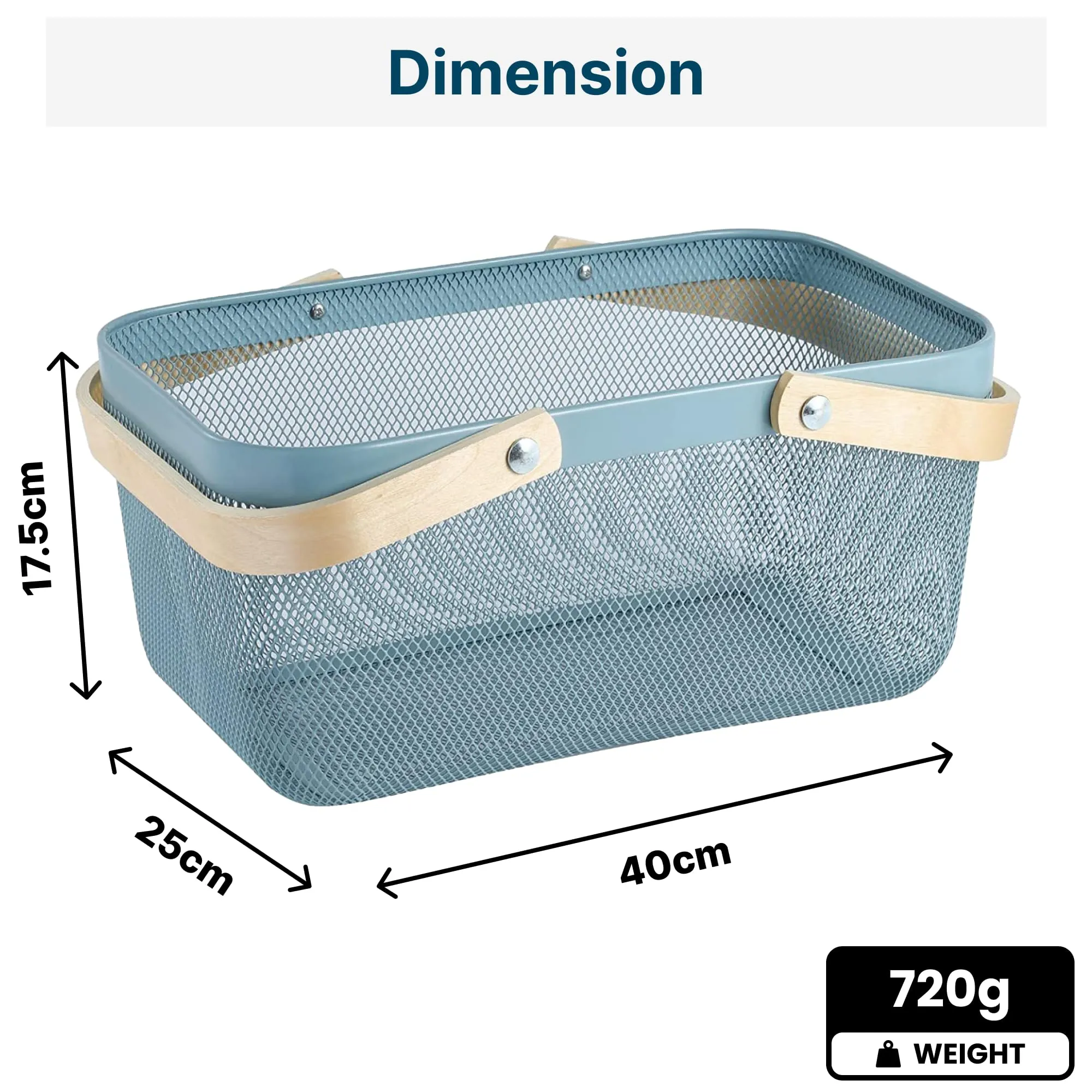 UMAI Rectangular Metal Mesh Basket for Storage with wooden handle | 720 Gm | Fruit Basket and Vegetable Basket for Kitchen | Kitchen Organizer | Baskets for Organizing Home| Multipurpose | Blue |